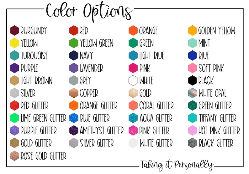 Puede incluir: Un gr&aacute;fico con opciones de color para un producto. El gr&aacute;fico incluye colores s&oacute;lidos como burdeos, rojo, naranja, amarillo, verde, azul, morado, marr&oacute;n, gris, blanco, negro y plata. Tambi&eacute;n incluye colores con purpurina como rojo con purpurina, naranja con purpurina, coral con purpurina, verde con purpurina, verde lima con purpurina, azul con purpurina, aguamarina con purpurina, tiffany con purpurina, morado con purpurina, amatista con purpurina, rosa con purpurina, rosa intenso con purpurina, dorado con purpurina, plateado con purpurina, blanco con purpurina y negro con purpurina. El gr&aacute;fico tambi&eacute;n incluye algunos otros colores como turquesa, azul marino, azul claro, menta, rosa suave, cobre, oro y &oacute;palo blanco.