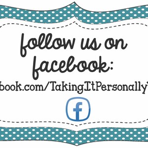 Puede incluir: Pancarta de lunares azul turquesa y blanco con un borde interior blanco y el texto "follow us on facebook: facebook.com/TakingItPersonallyVinyl" y un icono de Facebook azul.