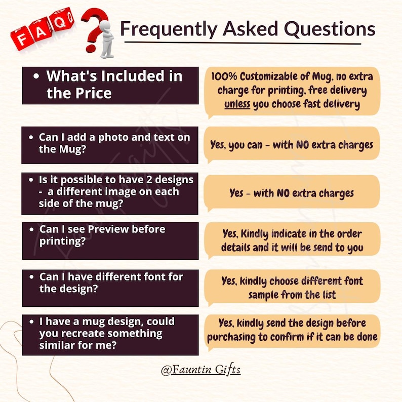 May include: A graphic with frequently asked questions about custom mugs. The questions include: What's included in the price? Can I add a photo and text on the mug? Is it possible to have 2 designs - a different image on each side of the mug? Can I see preview before printing? Can I have different font for the design? I have a mug design, could you recreate something similar for me? The answers to each question are listed to the right of the question.