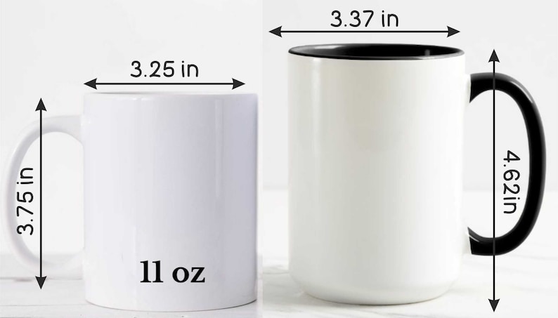 May include: White ceramic mug with a black rim and handle. The mug is 3.25 inches wide, 3.75 inches tall, and 4.62 inches from handle to handle. It holds 11 ounces.