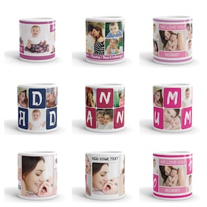 May include: Set of nine white ceramic mugs with different photo collage designs. Each mug features a different arrangement of photos, including family portraits, babies, and couples. Some mugs have the words "DAD", "MOM", "WE LOVE YOU MOMMY", and "ADD YOUR TEXT" printed on them.