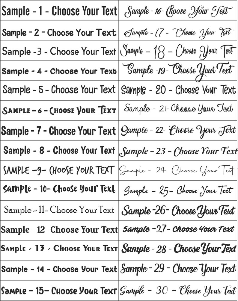 May include: A grid of text samples, each labeled "Sample" followed by a number and the phrase "Choose Your Text." The text is in black, with varying fonts, including both serif and script styles, on a white background.
