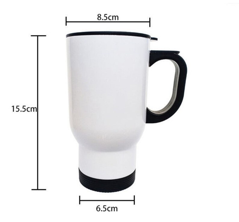 May include: A white travel mug with a black handle, lid, and base. The mug is 6.1 inches tall, 3.3 inches wide, and 2.6 inches in diameter at the base. The mug is designed to keep beverages hot or cold while traveling.