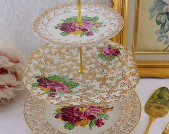 Gorgeous 3 Tier Cake Stand English Plates Empire Lord Nelson Du Barry Purple Cabbage Roses Gold Gilt Chintz Details [Wedding, High Tea]
