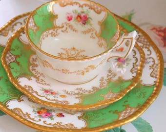 Antique Coalport Batwing Handle Green Gold Gilt Trio Set (Teacup, Saucer, Side/Tea Plate) English Fine Bone China c1891s Collectables|Gifts