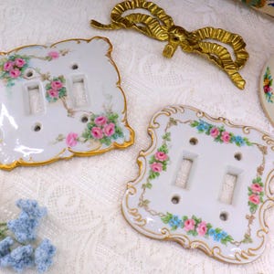 Pair Of Vintage Handpainted Ceramic Ornate Light Switch Covers/Sockets/Panels Pink Roses Floral Garland Shabby Chic Cottage Home Wall Decor