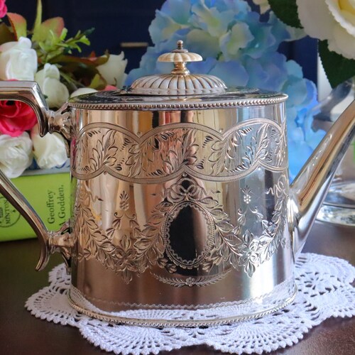 Antique English Victorian Bow Ribbon Swag shops Engraved Silver Plate Teapot