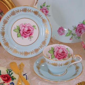 Gorgeous Aynsley Pink Cabbage Roses Blue Trio Set {Teacup, Saucer, Side Plate} Vintage English Fine China c1934-1950 |High Tea|Collectibles