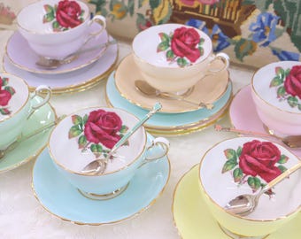 Juego de té vintage Paragon de 17 piezas, diseño de rosas de col roja y colores pastel (6 tazas, 6 platillos, 5 platos de postre). Firmado por R. Johnson, Inglaterra.