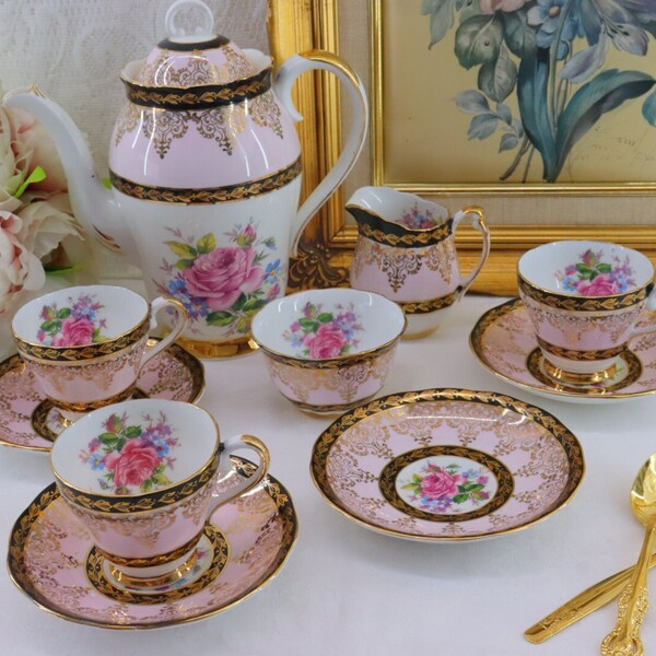 So Pretty Imperial Part Coffee Set Pink Floral Roses Gold Gilding English Fine Bone China [High Tea ~ Afternoon Tea ~ Elegant Tableware]