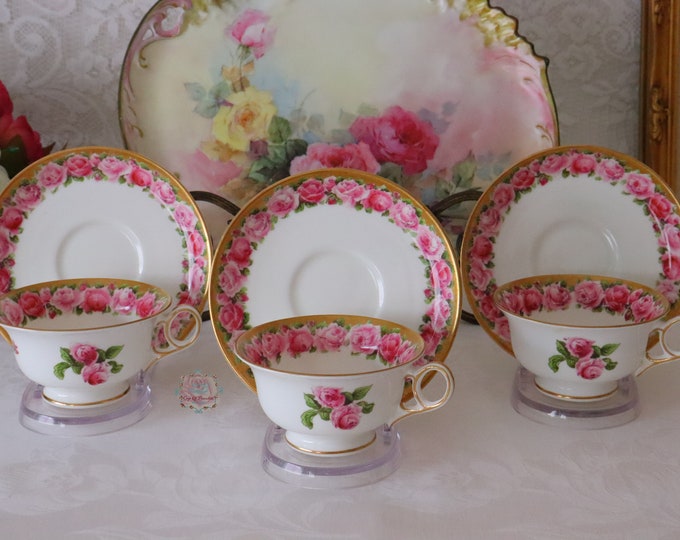 Antique Crescent Tea Cup Saucer Sets Pink Roses Heavy Gilt English Bone ...