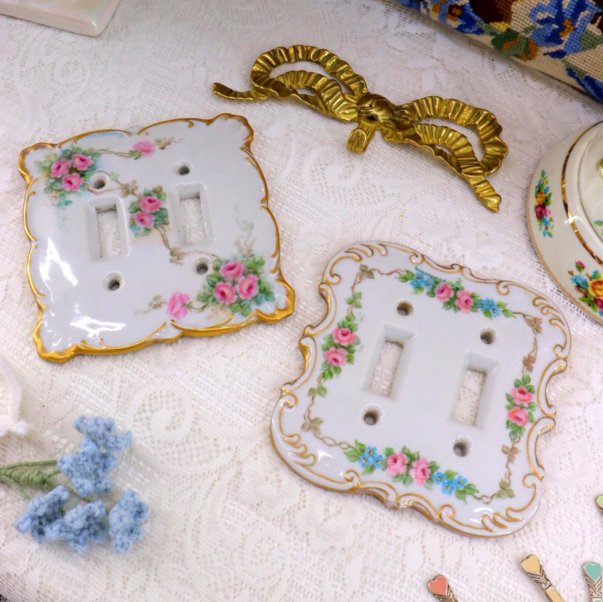 Pair Of Vintage Handpainted Ceramic Ornate Light Switch Covers/Sockets/Panels Pink Roses Floral Garland Shabby Chic Cottage Home Wall Decor