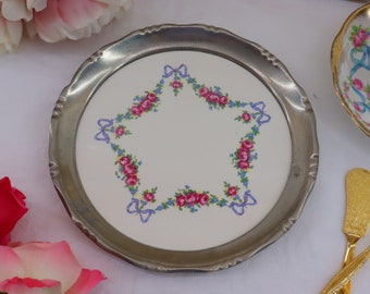 Beautiful Vintage Blue Ribbon Pink Floral Swag Small Tray English Porcelain Silverplate Frame [Collectible - Home Decor - Fancy Tableware]