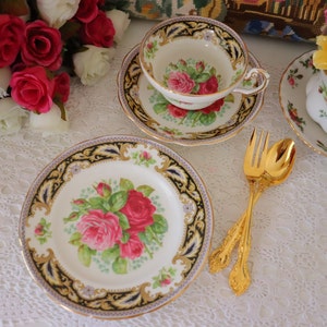 Gorgeous Vintage EB Foley FLORENCE Pink Red Roses Teacup Saucer Plate {Trio} English Fine Bone China c1948-63 [Bridal~Wedding Gift~High Tea]