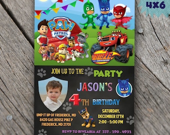 Paw Patrol Invitation PJ Masks Invitation Blaze and the Monster Machines Invitation Birthday Party Invitations Tickets Invites Card Supplies
