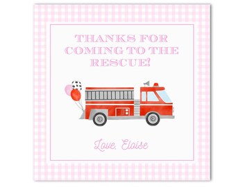 Printable Watercolor Pink Firetruck Girls Birthday Favor Tag | 3x3" | Thanks for Coming to the Rescue - INSTANT DOWNLOAD; Print at HOME!