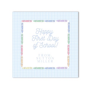 Printable Teacher First Day Gift Tag | 3x3 | Pastel Rainbow Crayons, Blue Gingham - End of Year Gift; Preppy-Instant Download, Print at Home