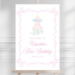 Printable 24x36" Watercolor Classic Girls' Birthday Cake Welcome Sign | Grandmillenial, Bow Border, Preppy, Classic - INSTANT DOWNLOAD!