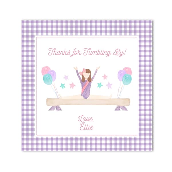 Printable Watercolor Gymnastics Birthday Favor Tags | Lets Flip, Jump & Play; Tumble on Over | Preppy - INSTANT DOWNLOAD, Print at Home