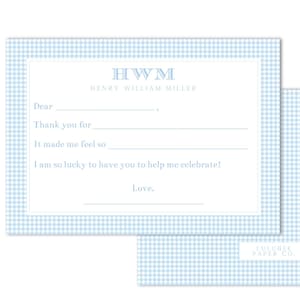 Afdrukbare 7 x 5" invulbare bedankbriefje - aquarel blauw pastel, monogram, preppy boy bedankje - INSTANT DOWNLOAD, thuis afdrukken