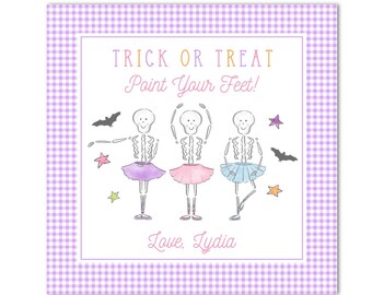 May include: A square card with a light purple gingham border featuring three skeleton ballerinas in purple, pink, and blue tutus. The text reads TRICK OR TREAT, Point Your Feet!, and Love, Lydia, surrounded by small black bats and colorful stars.