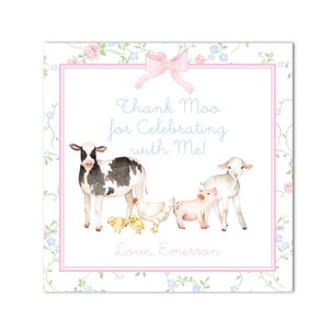 Printable Floral Farm Party Favor Tags | 3x3 | Watercolor Calling All Party Animals Oink, Cluck, Baa, Moo -Grandmillenial - Instant Download