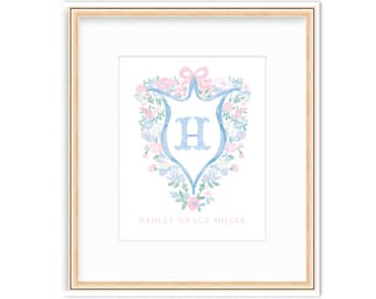 Baby Girl Watercolor Floral Monogram Crest |8x10 -hospital Bassinet ...