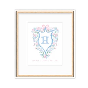 Baby Girl Watercolor Floral Monogram Crest |8x10 -Hospital Bassinet Name Announcement, Nursery Sign Art - INSTANT Download, Print from Home!