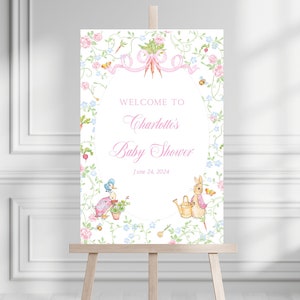 Cartello di benvenuto per baby shower con motivo floreale Mother Goose Peter Rabbit, stampabile, 24x36" - Primavera, Grandmillenial - DOWNLOAD IMMEDIATO!