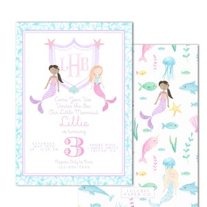 Printable Watercolor Mermaid Monogram Birthday Party Invitation - Let&#39;s Shellabrate, Under the Sea Girl -  Grandmillenial, Preppy Mermaid