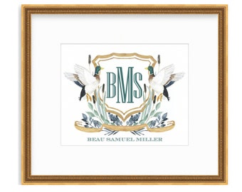 Printable Watercolor Mallard Custom Monogram Crest | 8x10 | Birth Announcement, Hospital Banner, Bassinet Sign, Nursery Art - Print at HOME!