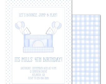 Afdrukbare verjaardagsuitnodiging voor het feestje van aquarel Bounce - pastel Bounce House, Jump, Bounce & Play - Preppy, Grandmillenial - INSTANT DOWNLOAD
