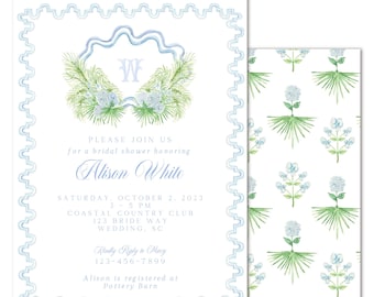 Printable Coastal Bridal Shower Invitation - Chic Hydrangeas, Palms, Block Print - Instant Download, Edit your own Text, Print at HOME!