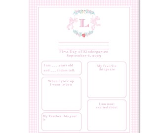 Printable First Day of School About Me Sign | Pastel Apple Bow Crest, Pink Gingham, Preppy, Classic Back to School | 8.5x11 | Print at HOME!