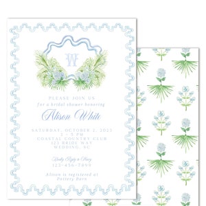 Printable Coastal Bridal Shower Invitation - Chic Hydrangeas, Palms, Block Print - Instant Download, Edit your own Text, Print at HOME!