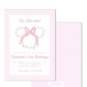 Watercolor Floral Mouse Ear Birthday Invitation | 5x7" | "Oh Two-dles!", Pastel, Grandmillenial, Preppy -  INSTANT DOWNLOAD, Print at Home