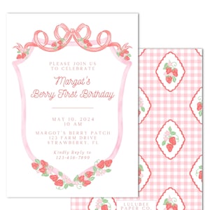 Printable Berry First Birthday Invitation | 5x7&quot; | Watercolor Strawberry, Grandmillenial, Preppy - Instant Download; Edit & Print at HOME!