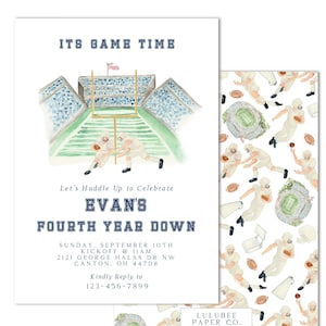 Printable Watercolor Football Birthday Invitation - First Down! Its Game Time; Huddle Up Celebrate -Preppy, Grandmillenial; Print at HOME!