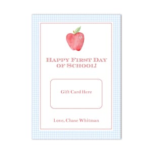 Printable Teacher First Day of School Gift Card Holder | 5x7 | Blue Gingham, Apple -Back to School; Preppy - Instant Download, Print at Home