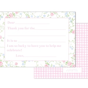 Note de remerciement d'anniversaire floral aquarelle imprimable | 7x5 | Remplissez le champ, Vichy rose, Grandmillenial-TÉLÉCHARGEMENT IMMÉDIAT, Imprimez à la maison