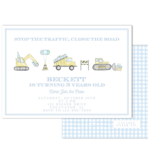 Printable Preppy Construction Birthday Invitation - Stop the Traffic, Close the Road! Watercolor Gingham Customizable, INSTANT DOWNLOAD!
