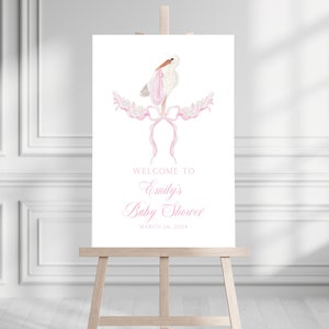 Printable 24x36&quot; Pink Stork Baby Shower Welcome Sign | Grandmillenial, Watercolor Stork, Bows, Preppy, Classic - INSTANT DOWNLOAD!
