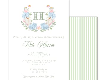 Printable Custom Monogram Stork Floral Crest Baby Shower Invitation - Gender Reveal, Watercolor, Grandmillenial - Print at Home!