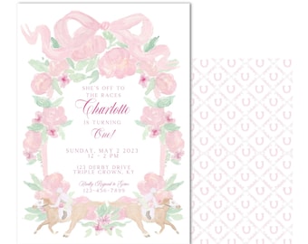 May include: A pink and green watercolor illustration of a horse race with a pink ribbon and flowers. The text reads "She's off to the races Charlotte is turning One! Sunday, May 2, 2023 12-2 PM 123 Derby Drive Triple Crown, KY Kindly Respond to [phone number]"