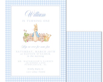 Watercolor Peter Rabbit Birthday Invitation - Blue Gingham Peter Rabbit First Birthday, Somebunny Boy - INSTANT DOWNLOAD, Print at Home