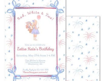 Puede incluir: Una invitación de cumpleaños roja, blanca y azul con una ilustración de acuarela de una niña que sostiene un globo y una cesta de fuegos artificiales. La invitación dice "Red, White & Two!" y "Lottie Kate's Birthday". La invitación es para una fiesta el sábado 27 de mayo de 1 a 4 PM en The Miller's House, 123 Firework Drive, Mayberry, AL. La invitación también incluye el texto "Kindly Reply to 123-456-7899" y "Please bring your swimsuits!"
