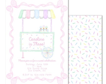 Printable Pastel Ice Cream Party Invite | 5 x7 | Watercolor; Two Sweet; Sweet One; Grandmillenial, Preppy - INSTANT DOWNLOAD, Print at Home!