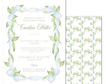 Printable Sweet Pea Baby Shower Invitation - Blue, Grandmillienial, Preppy, Gender Neutral, Spring Shower - INSTANT DOWNLOAD, Print at Home