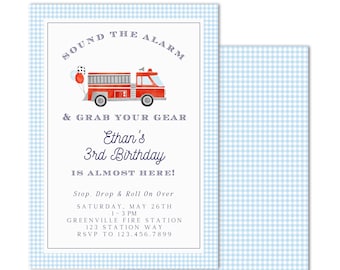 Printable Watercolor Firetruck Birthday Invitation - Sound the Alarm & Grab Your Gear - INSTANT DOWNLOAD; Customizable; Print at HOME!
