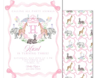 Printable Custom Monogram Party Animal Birthday Invitation - Watercolor Calling All Party Animals, Zoo, Safari - Grandmillenial, Preppy